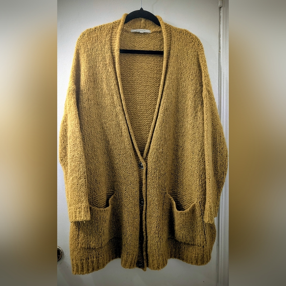 Oversized Open-Front Mustard Cardigan with Pockets